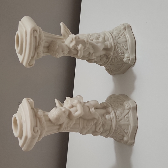 Vintage Bisque Ceramic Cherub Column Candleholders